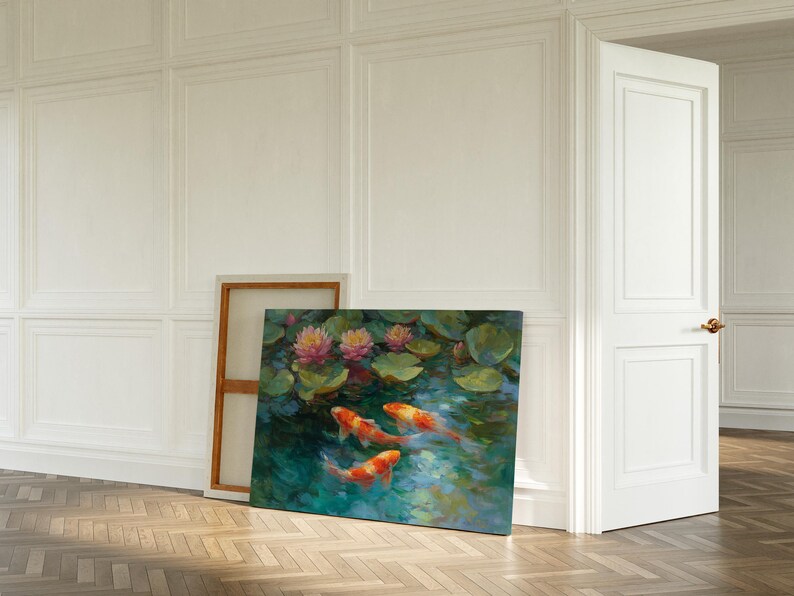 May include: An original oil painting on canvas depicting koi fish swimming in a pond with lily pads and pink flowers. The artwork is displayed in a bright room with a wooden floor and white walls.