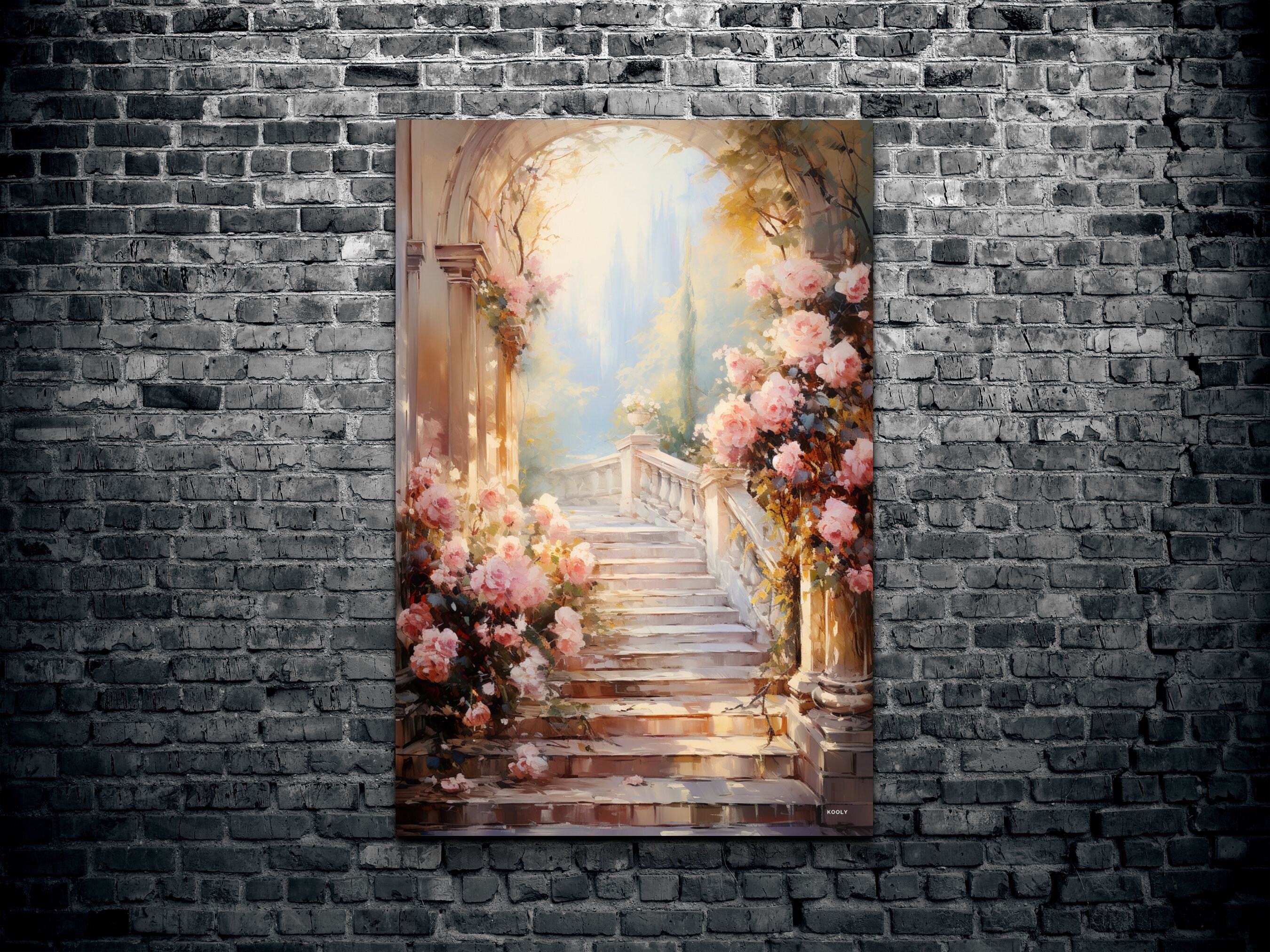 Vibrant Rose Garden Path Oil Painting Style Canvas Wall Art Print, Lush ...