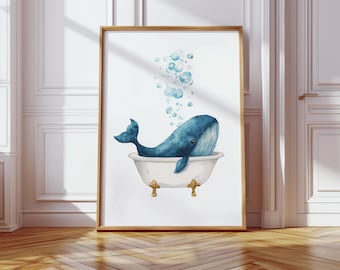 Whale in Bathtub Canvas Wall Art, Cute Watercolor Animal Bathroom Décor with Bubbles, Playful Nursery or Kids Room Whale Artwork