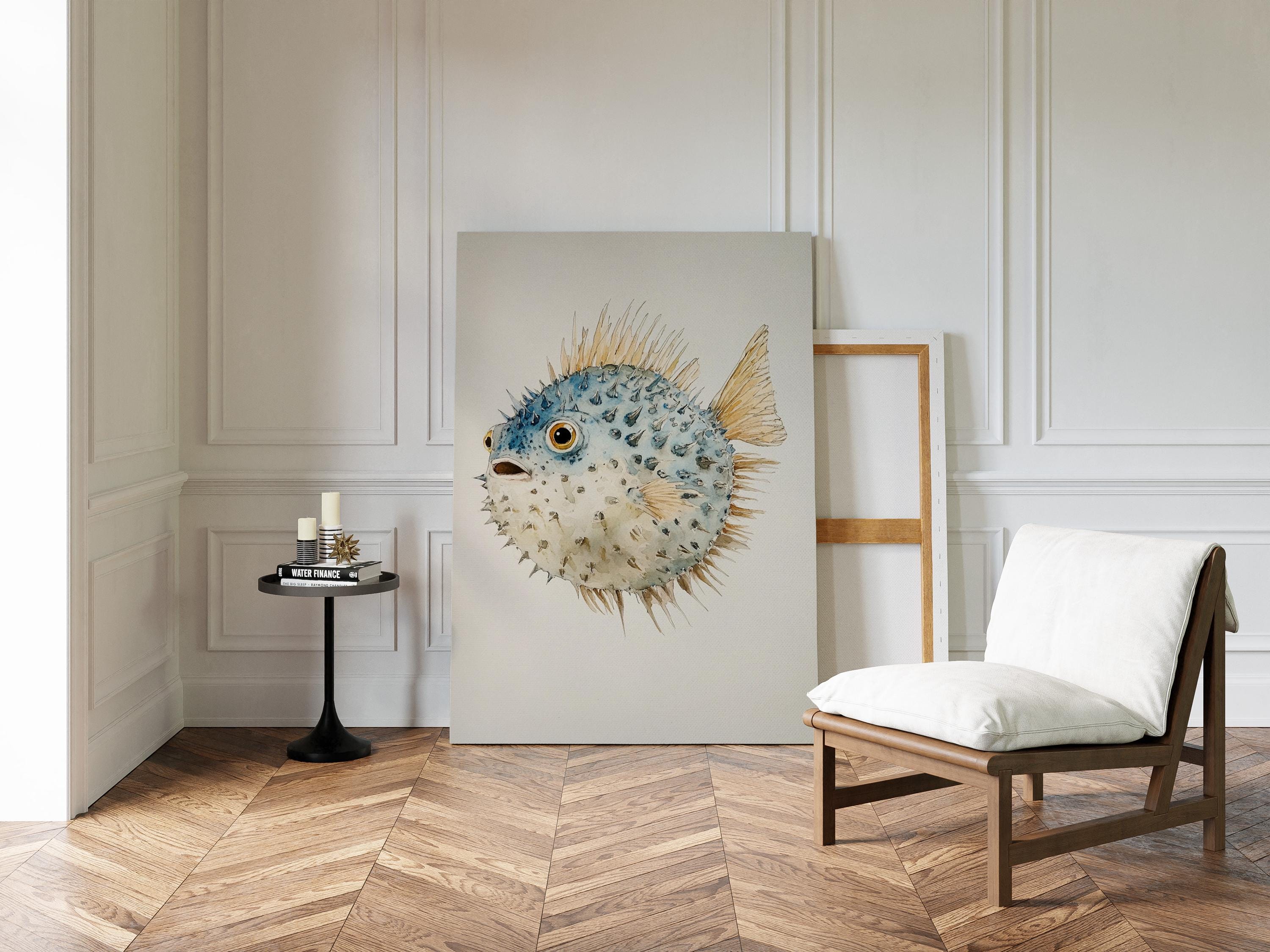 Watercolor Pufferfish Art, Hand-Painted Ocean Fish Illustration, Unique Marine Life Wall Decor, Whimsical Animal Print, Coastal Home Artwork