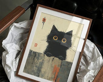 好奇心旺盛な黒猫の水墨画 - Etsy 日本