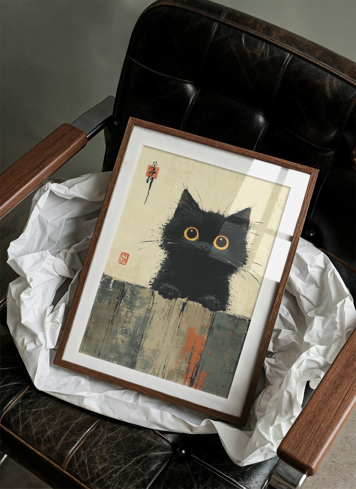 水墨画 茶色と黒の作品 好奇心旺盛な黒猫の水墨画 - Etsy 日本