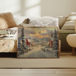 Christmas Village Canvas Wall Art | Snowy Winter Town Painting | Holiday Home Decor | Vintage Christmas Eve Scene with Snow and Lights