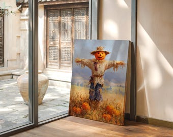 Pumpkin Scarecrow Canvas Wall Art | Rustic Harvest Field Painting