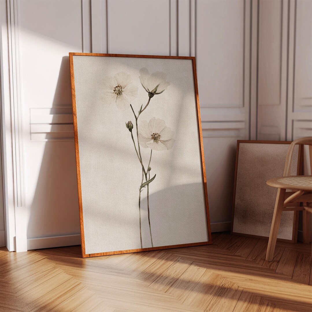 Neutral Floral Canvas Wall Art, Minimalist White Flower Botanical Print ...