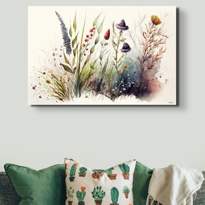 Poster D'art Sur Toile - 'White Horse & Wild Flowers' - Impression Galerie, Sans Cadre - Déco Murale USA