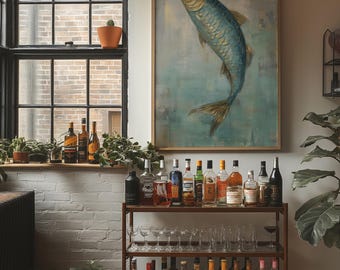 Blue Gold Fish Wall Art | Coastal Fishing Decor | Textured Nautical Canvas Print for Lake House, Beach House & Ocean-Themed Rooms