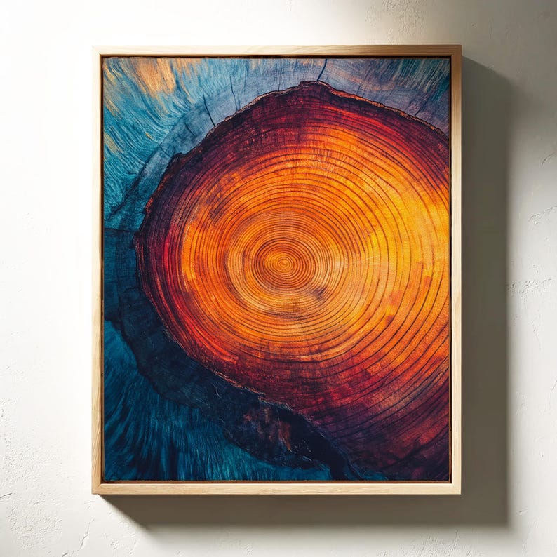 Vibrant Tree Ring Wall Art Bold Abstract Wood Grain Print in Fiery