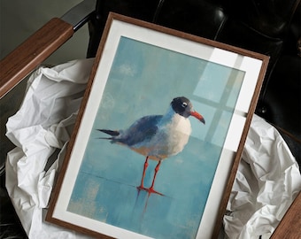 Coastal Seagull Canvas Wall Art | Minimalist Shore Bird Painting | Blue Beach Wall Decor | Modern Nautical Ocean Artwork