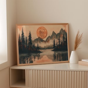 Rustic Watercolor Moon Over Mountain Lake – Misty Forest Landscape Canvas Wall Art in Warm Earth Tones for Nature & Wilderness Home Décor