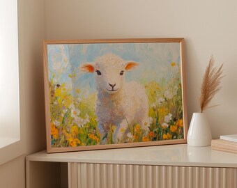 Baby Lamb Canvas Wall Art Pastel Farmhouse Nursery Decor | Cute Sheep Oil Painting Style | Country Cottage Kids Room Animal Artwork