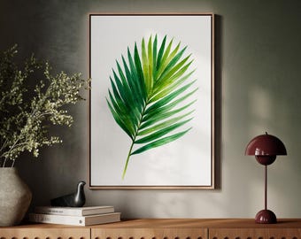Tropical Palm Leaf Wall Art Print, Green Watercolor Botanical Decor, Minimalist Jungle Plant Poster for Boho Living Room or Bathroom