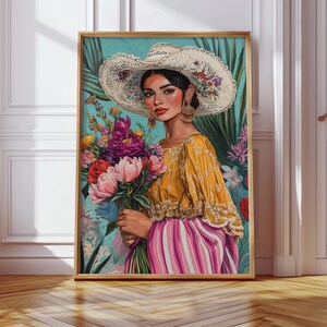 Floral Mexican Woman Canvas Wall Art – Colorful Latin Heritage Portrait in Vintage Oil Painting Style with Flowers and Embroidered Hat image 6