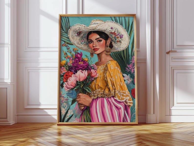 Floral Mexican Woman Canvas Wall Art – Colorful Latin Heritage Portrait in Vintage Oil Painting Style with Flowers and Embroidered Hat image 6