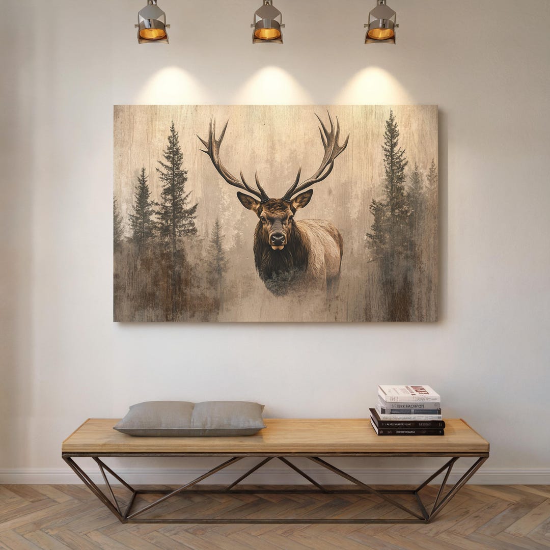 Rustic Elk Canvas Wall Art – Majestic Deer in Misty Forest Scene, Cabin ...