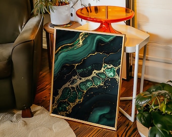 Art mural abstrait sur toile vert émeraude et marbre doré - Impression acrylique fluide luxueuse pour une décoration moderne et glamour à la maison ou au bureau