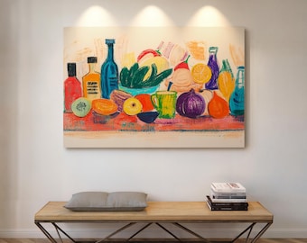 Colorful Fruit and Bottle Still Life | Modern Kitchen Wall Art
