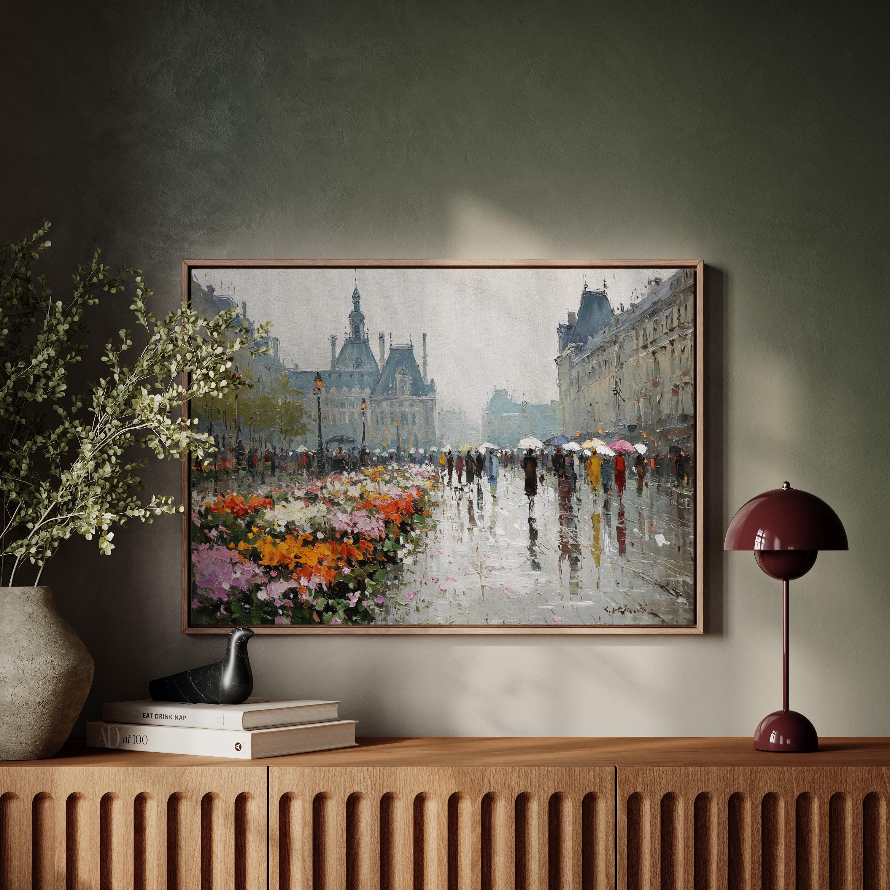 Rainy Paris Street Scene – Impressionist Oil Painting of Umbrella