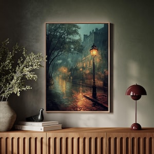 Rainy Night Street Scene - Atmospheric Oil Painting, Glowing Lamplights on Wet Cobblestones, Moody Urban Wall Art, Romantic Cityscape Canvas