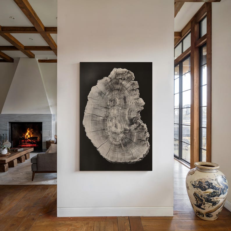 Vintage Tree Ring Wall Art Black & White Organic Print, Rustic Nature