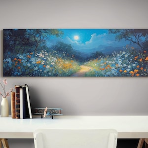Moonlit Wildflower Landscape Canvas, Dreamy Night Meadow Wall Art, Enchanted Nature Print, Starry Sky Painting, Mystical Floral Decor