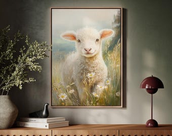 Baby Lamb Canvas Wall Art – Cute Spring Lamb in Wildflower Meadow, Pastel Farm Animal Print for Nursery or Country Home Decor