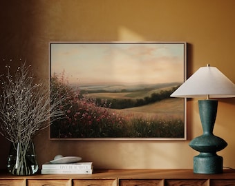 Lienzo decorativo vintage con paisaje de atardecer: románticas colinas ondulantes y prados de flores silvestres para una decoración rústica del hogar.