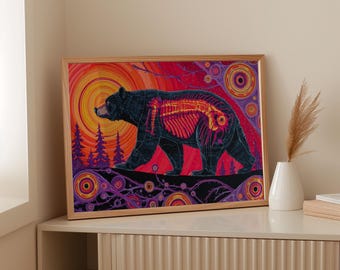 Cosmic Bear Canvas Wall Art – Vibrant Red and Purple Spirit Bear with Inner Anatomy, Mystical Forest Animal Poster, Psychedelic Energy Art