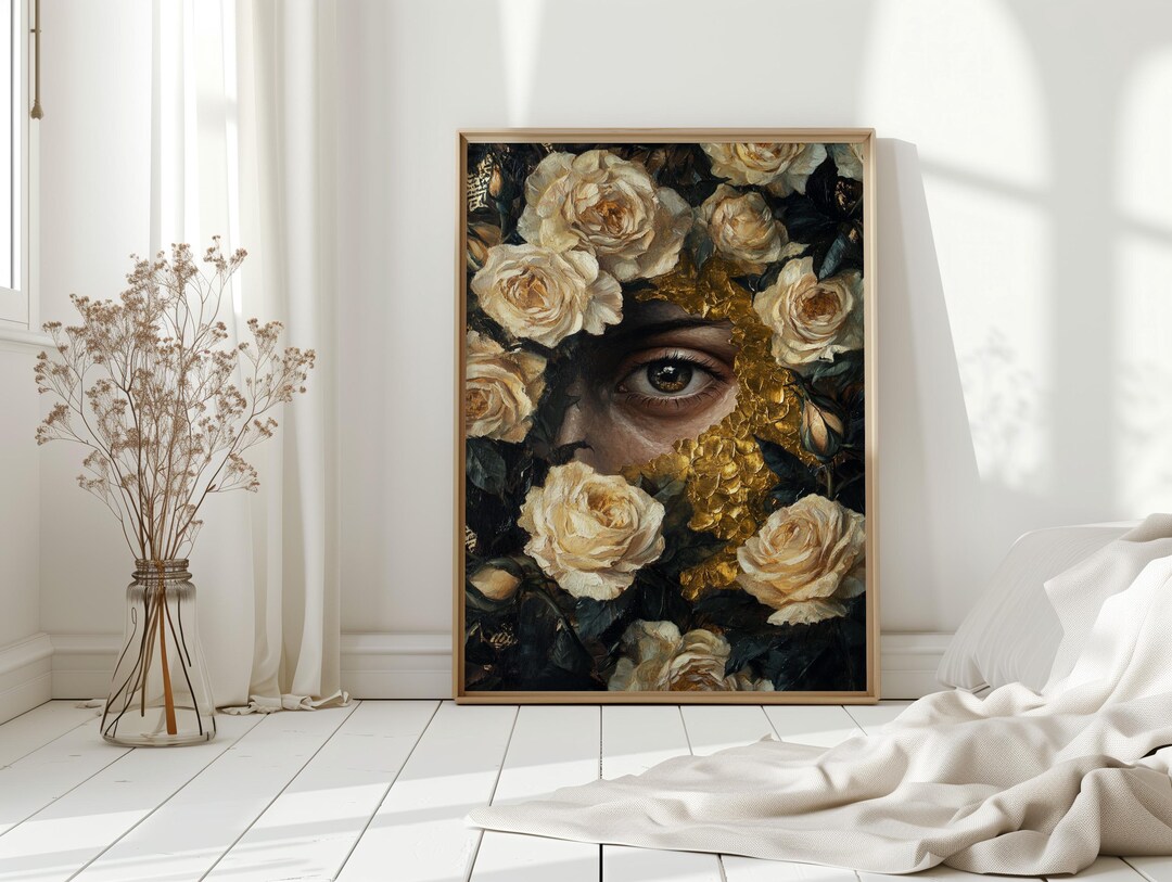 Golden Eye Among Cream Roses Wall Art | Surreal Female Face Hidden in ...