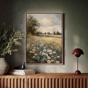 Rustic Daisy Meadow Landscape Canvas – Cottagecore Wildflower Field Wall Art for Country, Farmhouse, or Nature-Inspired Decor