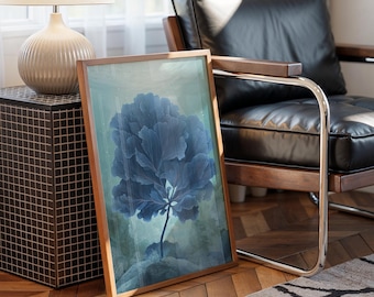 Impresión artística de coral de aguas profundas, ilustración de abanico de mar azul marino para decoración de pared costera, lienzo botánico oceánico moderno para casa de playa