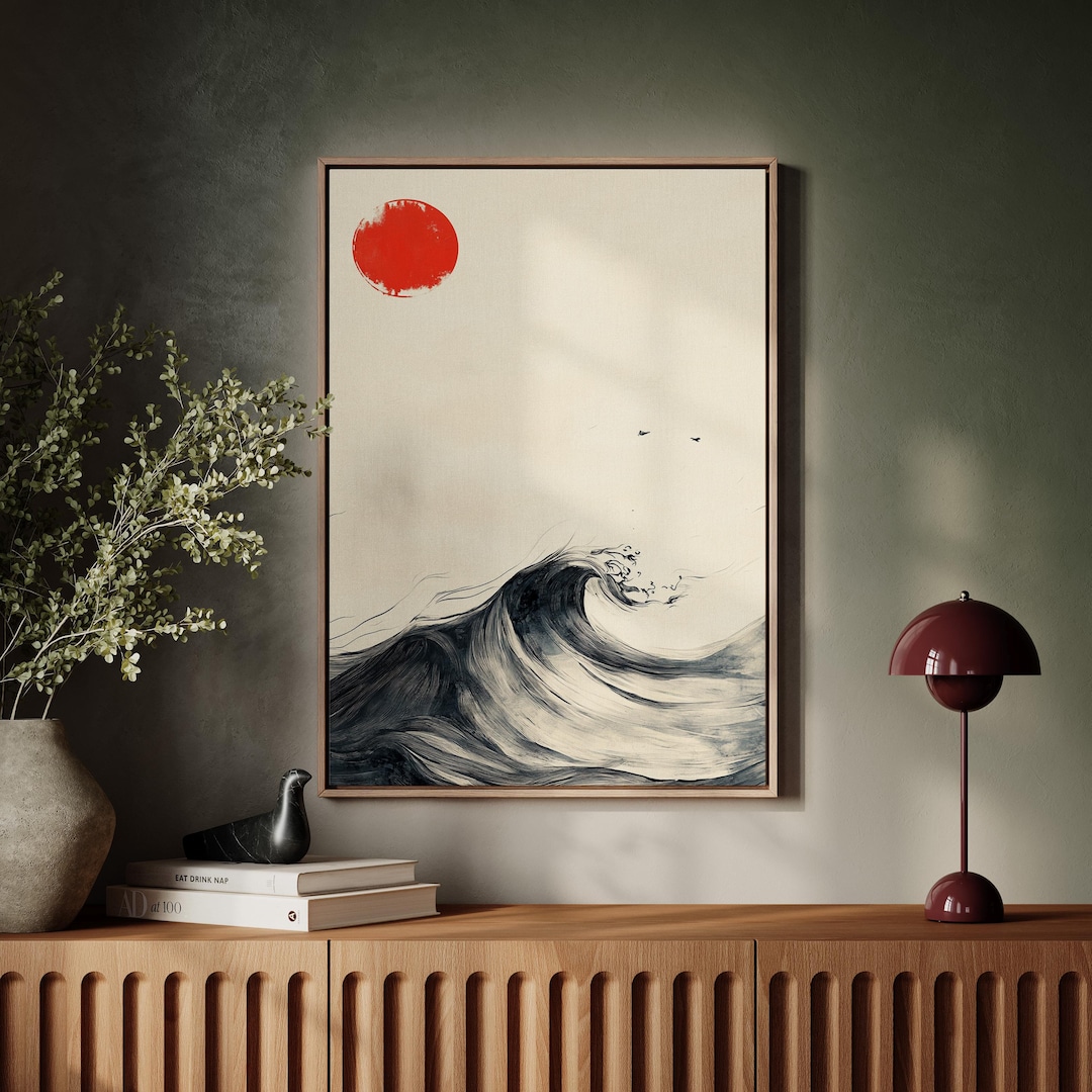 Japanese Minimalist Red Sun and Black Wave Art - Zen Ink Brush Style ...