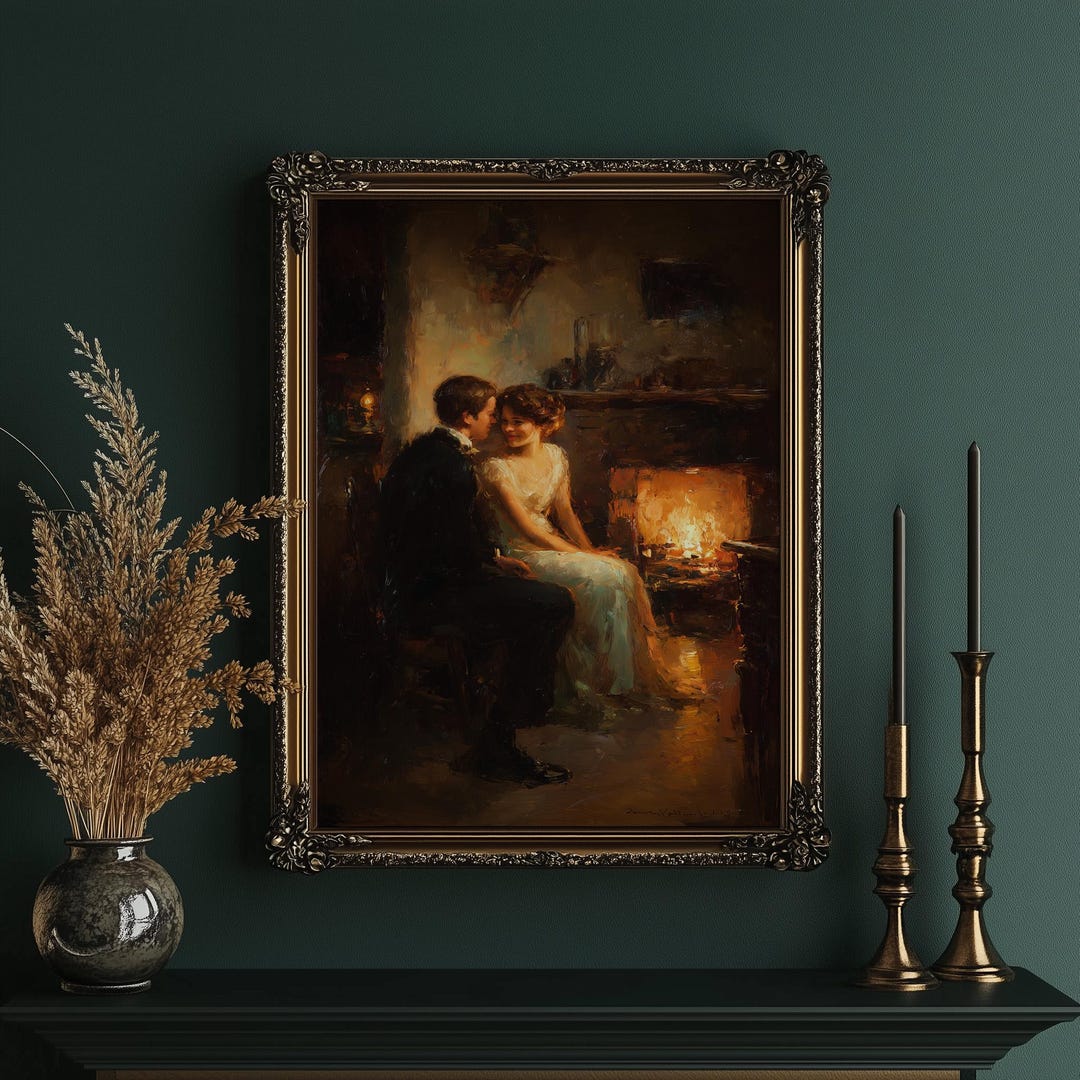 Romantic Couple by Fireplace Canvas Art, Vintage Oil Painting Style ...