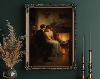 May include: An antique oil painting in a gold ornate frame depicts a couple by a fireplace. The painting has warm tones, with the fire's glow illuminating the figures. Two black candles stand in gold candle holders on a dark surface.