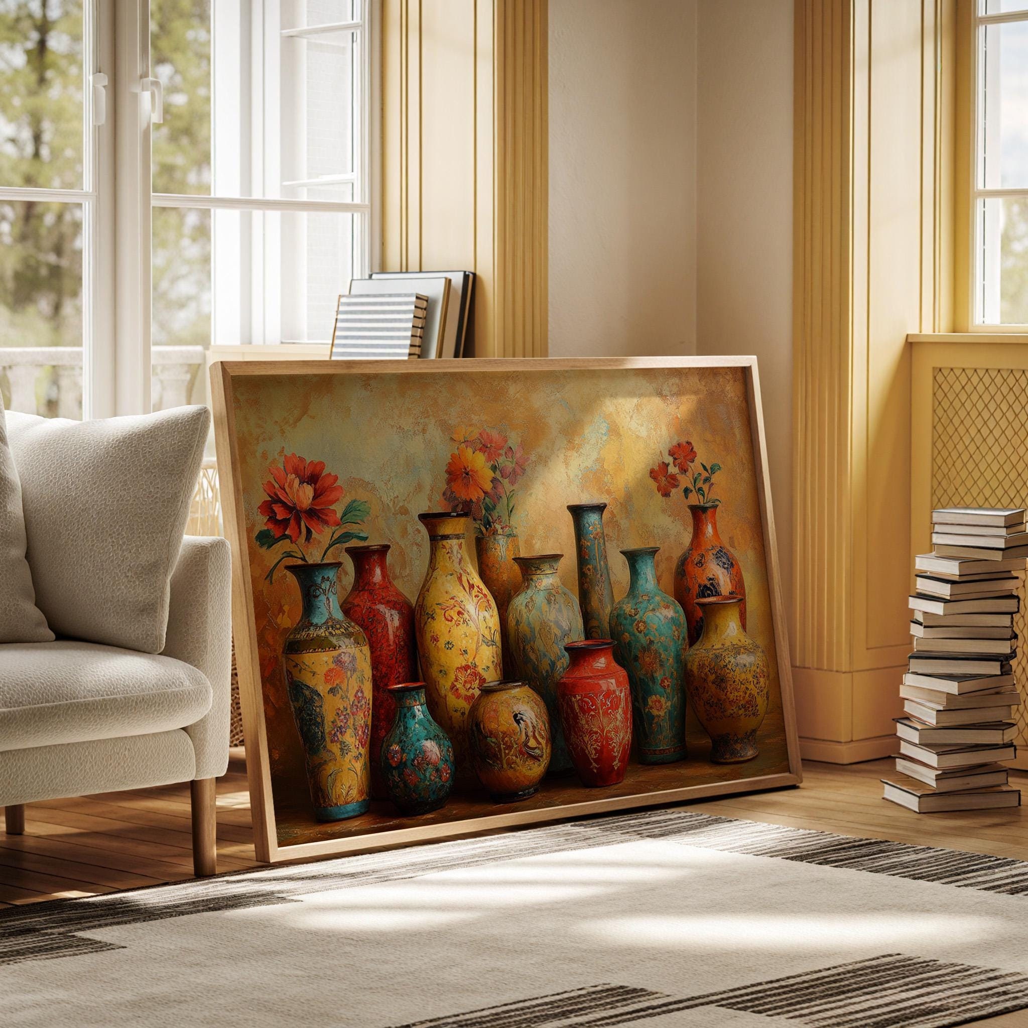 Quadro Su Tela Dipinto A Mano Con Motivi Vegetali Multicolore 50x70 Cm Dahlia 251932