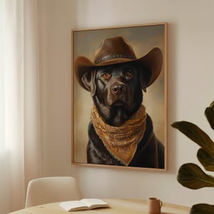 Cowboy Labrador Wall Art, Western Dog Portrait, Rustic Ranch Decor, Farmhouse Pet Canvas, Black Lab Cowboy Painting, Country Dog Art