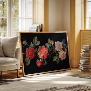 Elegant Red and White Roses Canvas Wall Art - Classic Floral Botanical Print on Black Background for Sophisticated Home Decor