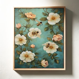 Elegant Bees and Roses Canvas Wall Art – Nature-Inspired Hangable Wall Decor for Home and Garden Spaces
