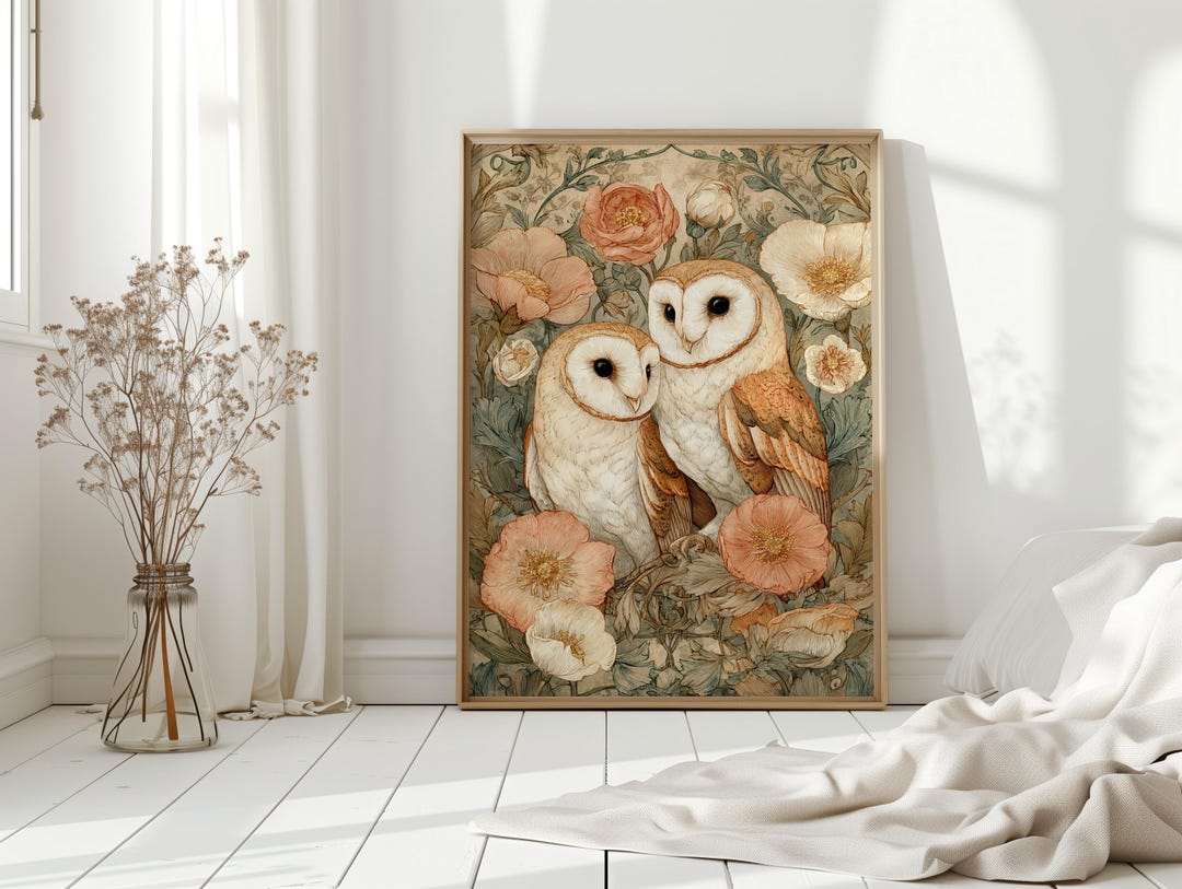 Barn Owl Pair With Wildflowers Canvas Wall Art, Rustic Woodland Animal ...
