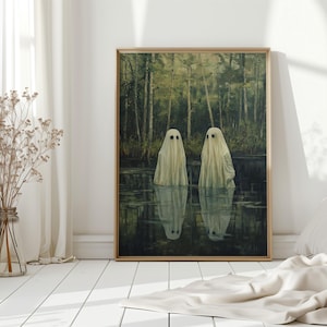 Ghosts in Forest Lake Canvas Wall Art | Whimsical Spooky Halloween Decor | Minimalist Haunted Woods Print for Goth or Cottagecore Homes