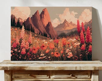 Sunset Mountain Wildflower Canvas | Warm Toned Nature Wall Art