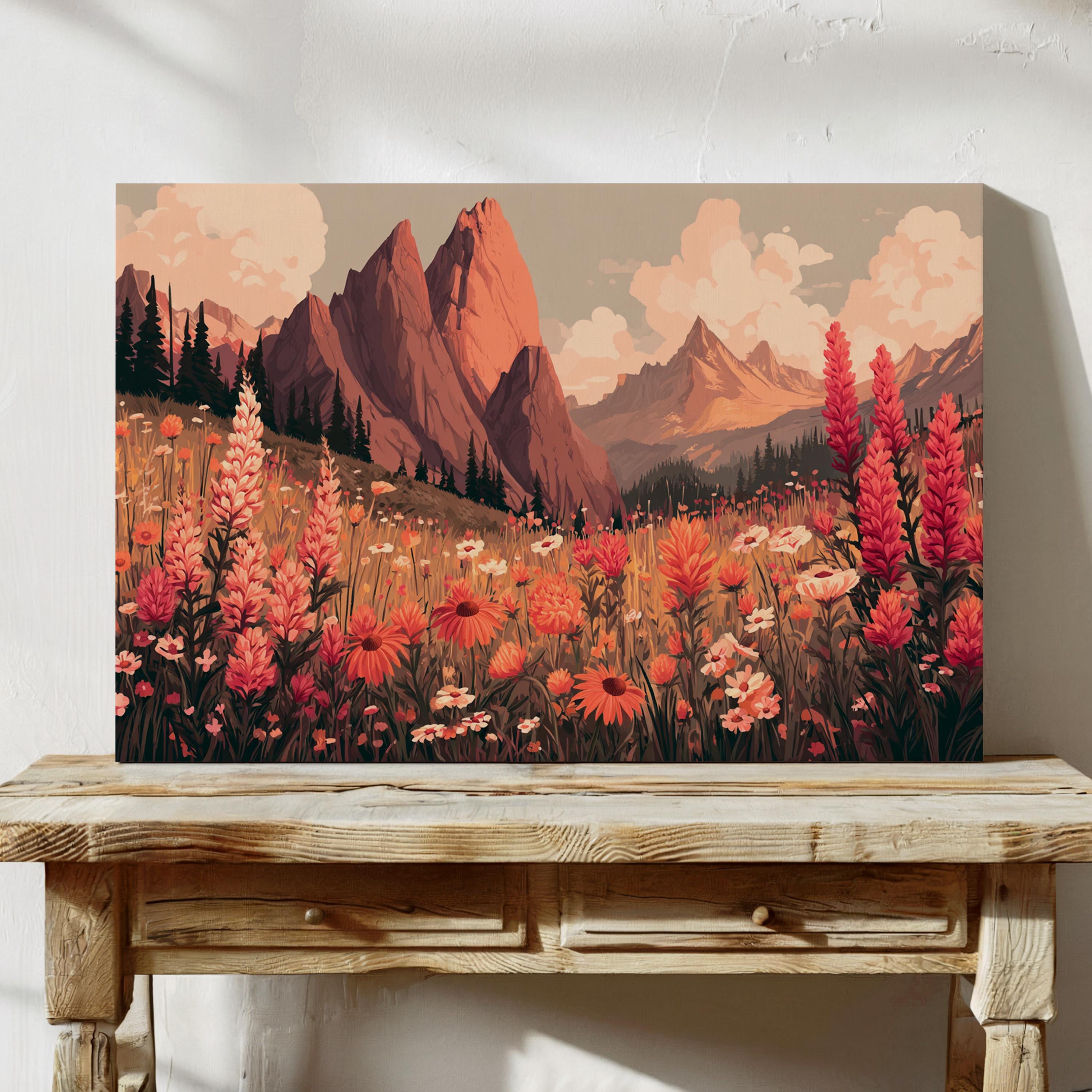 ウッド＆レジンウォールアート(470×320) Sunset Mountain Wildflower Canvas | Warm Toned Nature Wall Art