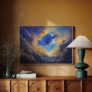 Dreamy Celestial Canvas Wall Art | Starry Sky Surrounded by Glowing Clouds | Cosmic Galaxy Painting for Bedroom or Living Room Décor