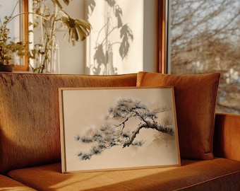 Minimalist Japanese Pine Branch Canvas Art, Zen Ink Painting Print, Asian Wall Decor, Wabi Sabi Nature Artwork for Living Room & Bedroom