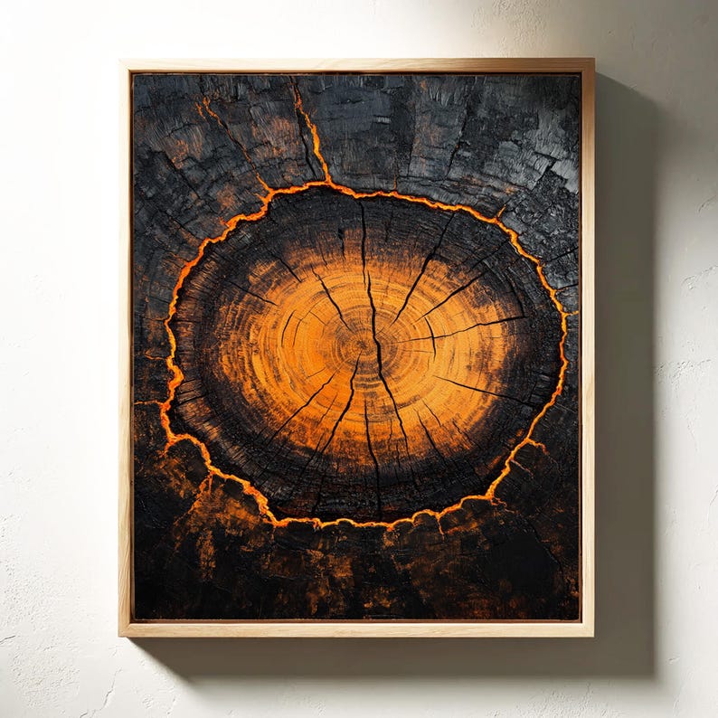 Fiery Tree Ring Wall Art Bold Textured Wood Grain Print in Deep