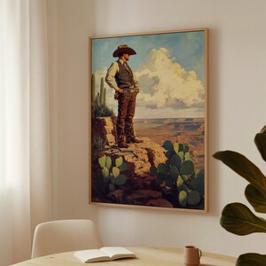 Cowboy Canvas Art, Western Desert Landscape, Rustic Cactus Wall Decor, Southwestern Country Home Decor