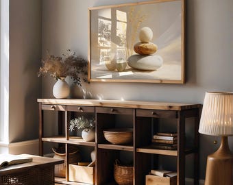 May include: A wooden console table with open shelves and drawers, displaying decorative items. A framed artwork of stacked stones hangs above. A lamp with a beige shade and a white vase with dried flowers are also visible.