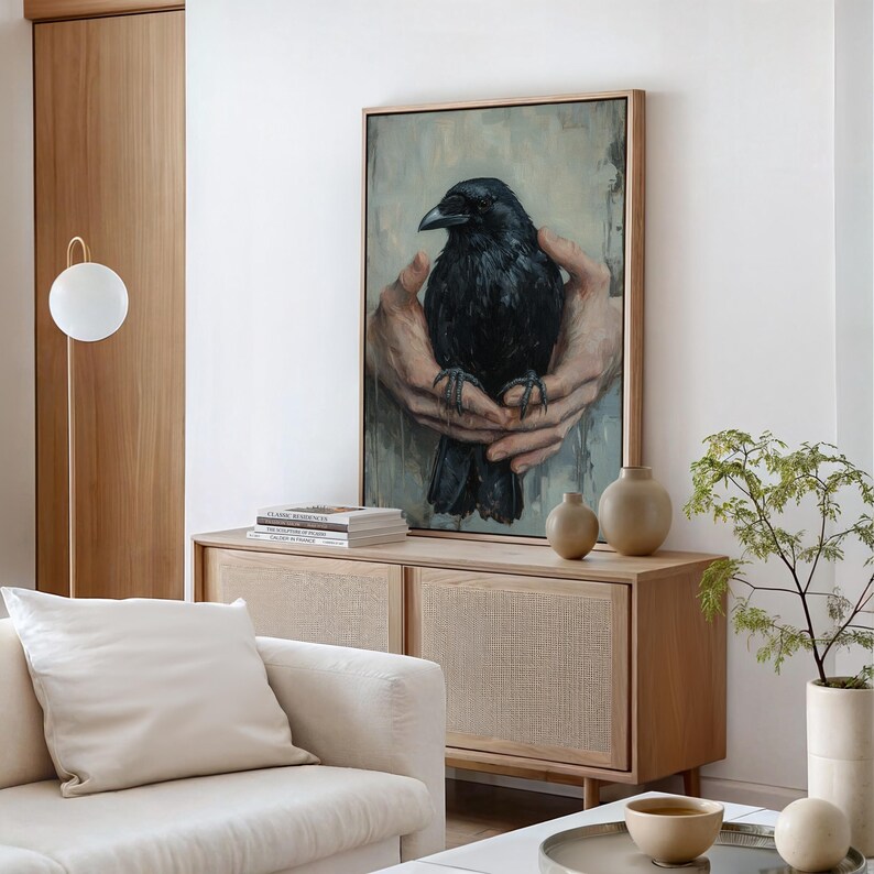 Dark Raven in Hands Art - Gothic Crow Painting, Vintage Wildlife Canvas ...