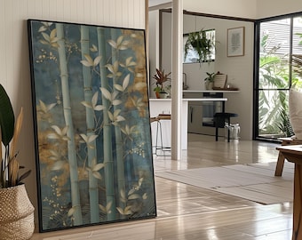 May include: A framed art print featuring a bamboo forest design. The artwork showcases vertical bamboo stalks in shades of teal and blue, with gold and cream-colored leaves. The print is displayed in a black frame, leaning against a wall in a well-lit room.