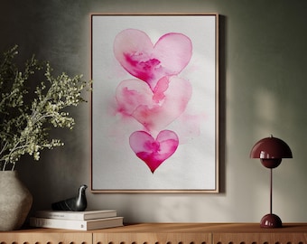 Art mural romantique coeurs aquarelle rose
